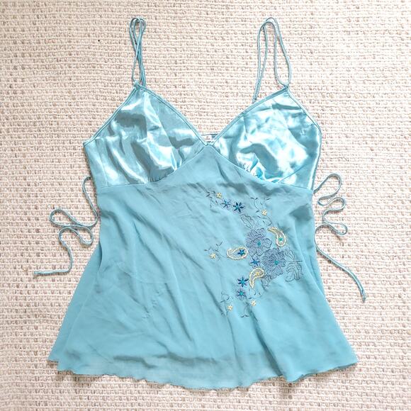 Linea Donatella Womens XL Blue Slip Dress Mini Babydoll Camisole Floral Satin - Picture 1 of 6